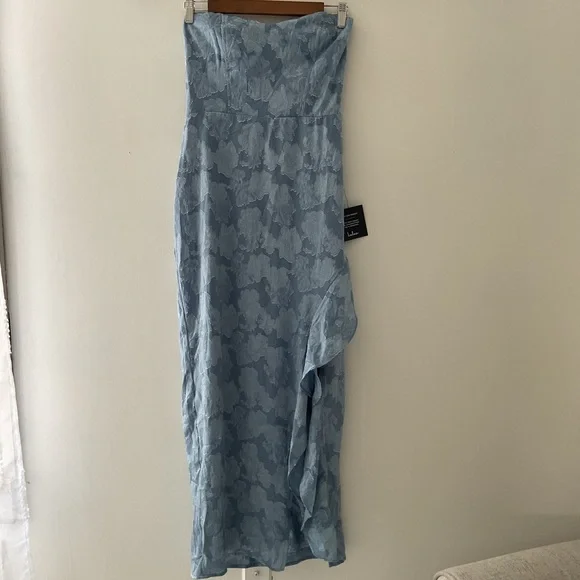 Lulus Mabriella Slate Blue Floral Burnout Ruffled Strapless Maxi Dress NWT Med - Picture 4 of 12
